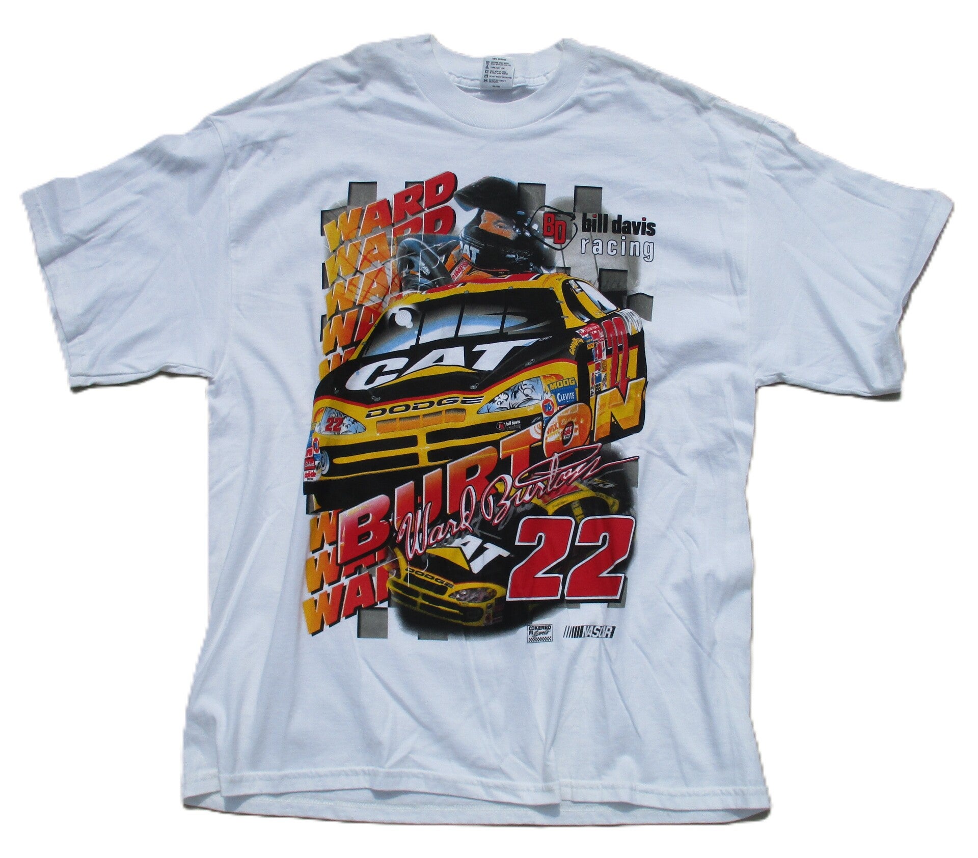 CHECKERED FLAG NASCAR WARD BURTON CATERPILLAR DODGE 22 T-SHIRT WHITE  BILL DAVIS RACING