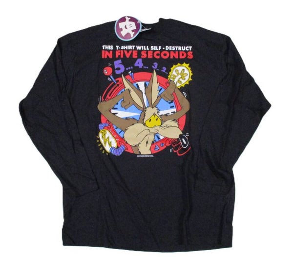 WILE E COYOTE LOONEY LONGSLEEVE BLACK T-SHIRT 'FIVE SECONDS'