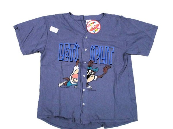 LOONEY TUNES TAZ TASMANIAN DEVIL BASEBALL BUTTON SHIRT BLUE