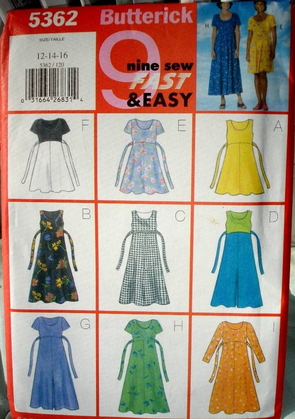 Butterick 5362 Misses Dress In 9 Easy And Fast To Sew Styles Sizes 12-14-16
