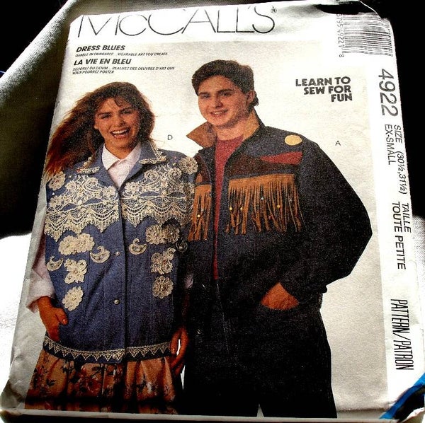 McCall's 4922 Misses Men's Teen Boys Jacket Or Vest Pattern Size Ex-Small