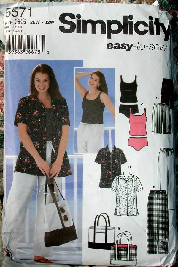 Simplicity 5571 Women's Pants Short Shirt Bag And Knit Tankini Pattern Size GG (26W-32W)