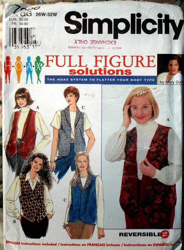 Simplicity 7296 Women's Set Of Reversible Vests Full Figure Pattern