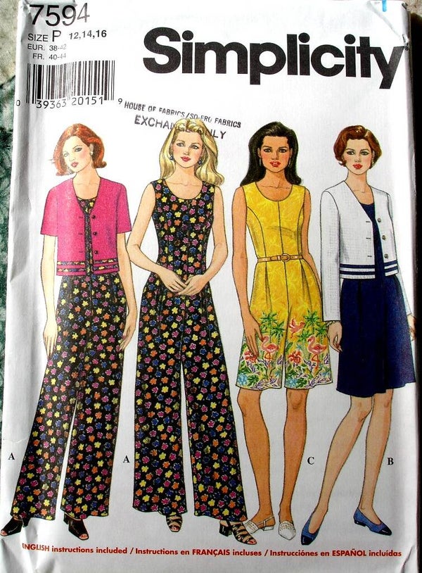 Simplicity 7594 Misses Semi-Fitted Jumpsuit and Loose Fitting Jacket Size P (12-16)