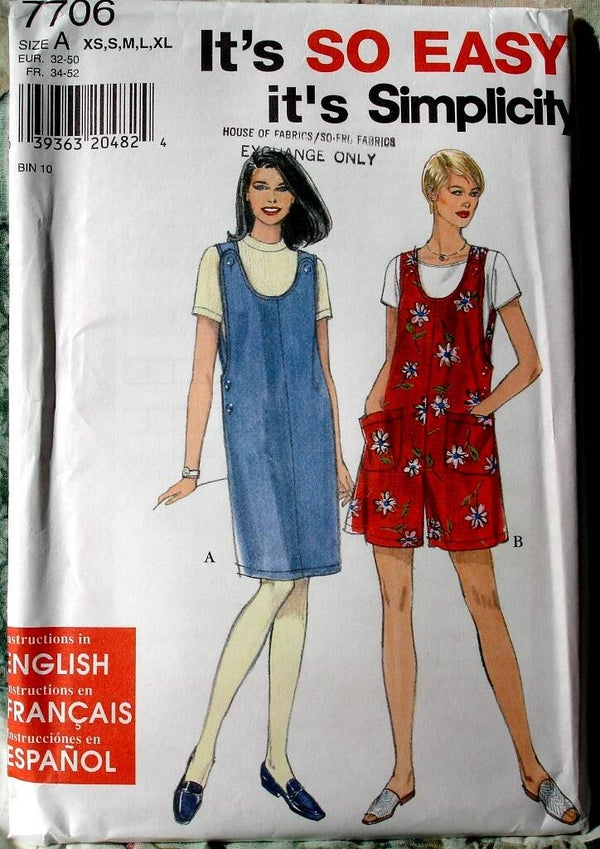 Simplicity 7706 Knee Length Jumper And Above Knee Length Romper Size A (XS-XL)