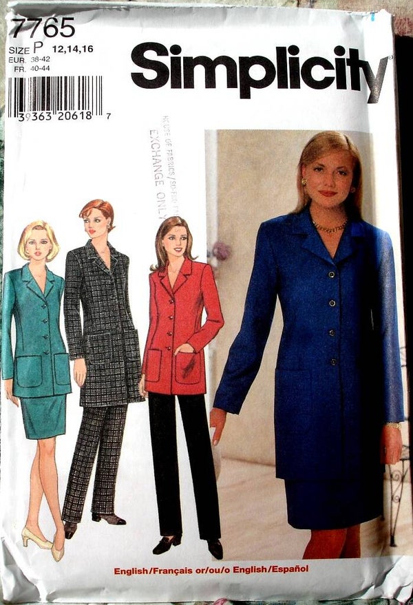 Simplicity 7765 Lined Semi-Fitted Business Jacket Skirt And Pants Size P (12-16)
