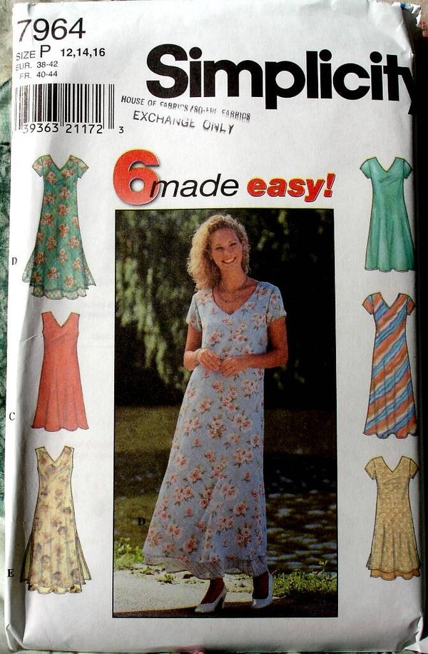 Simplicity 7964 Pullover Flared V Neck Dress In Two Lengths Size P (12-16)