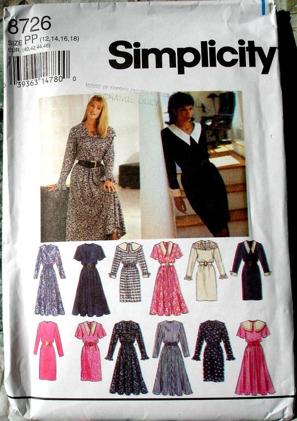 Simplicity 8726 Dress With Neckline Variations Slim Or Flared Skirt Size PP (12-14-16-18)