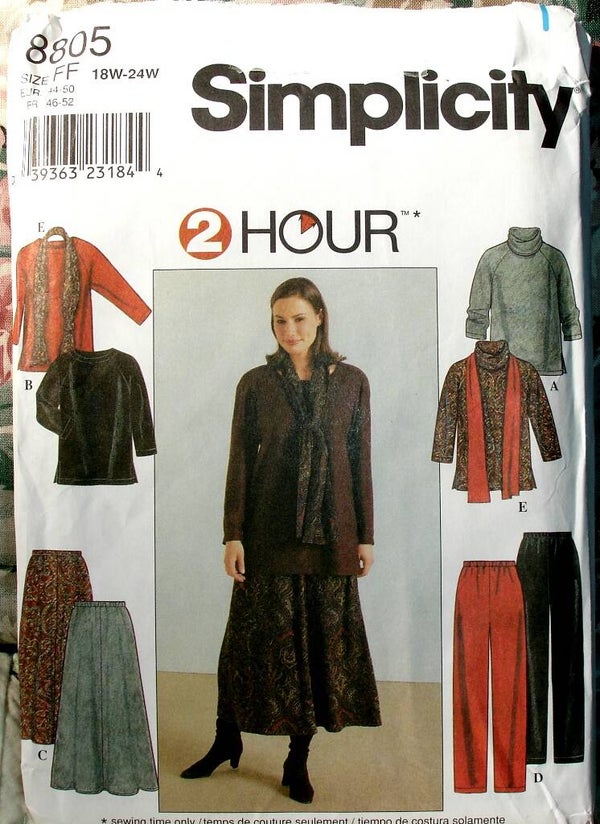 Simplicity 8805 Women's Top Skirt Pants And Scarf Pattern Size FF (18W-24W)