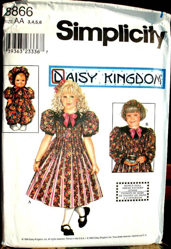 Simplicity 8866 Daisy Kingdom Girls Dress And Clothes For 13" Doll Size AA (3-4-5-6)