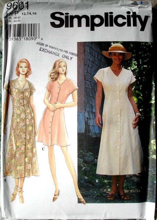 Simplicity 9601 Misses Button Front Flared Princess Seamed V Neck Dress  Size P (12-14-16)