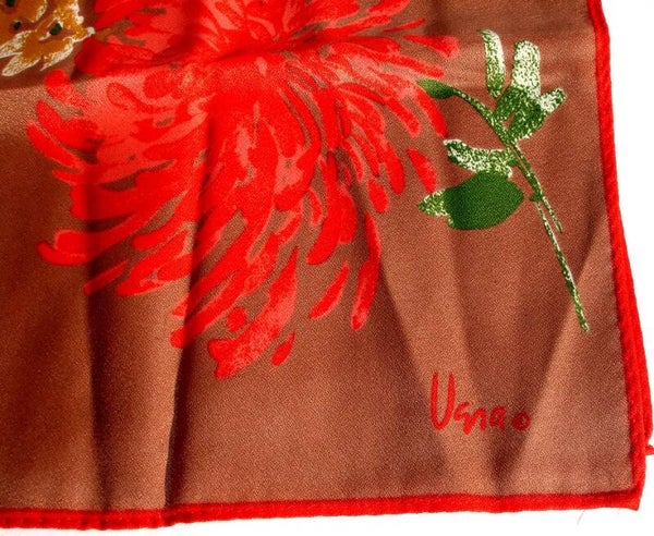 Vera Neumann Scarf In Brown With Stylized Red Orange Geraniums