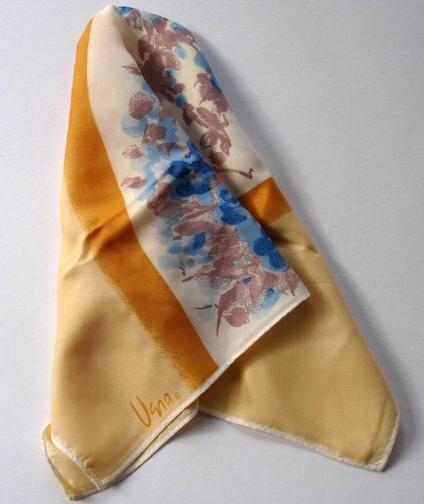 Vera Neumann Yellow And Gold With Blue Floral Arch Scarf Vintage 1970s
