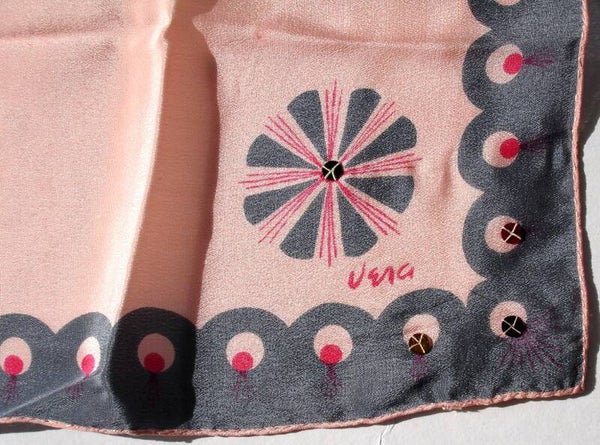 Vera Neumann Pink And Gray Scarf With Pinwheel Shaped Fireworks Design With Sequins