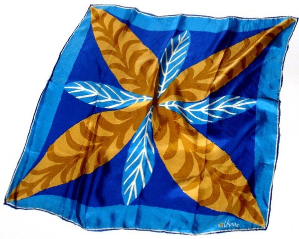 Vera Neumann Shades Of Blue With Gold And Brown Leaves Ladybug Scarf