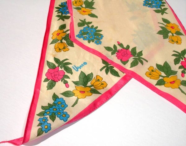 Vera Neumann Pink Blue Yellow Floral Pointed Ends Vintage Scarf