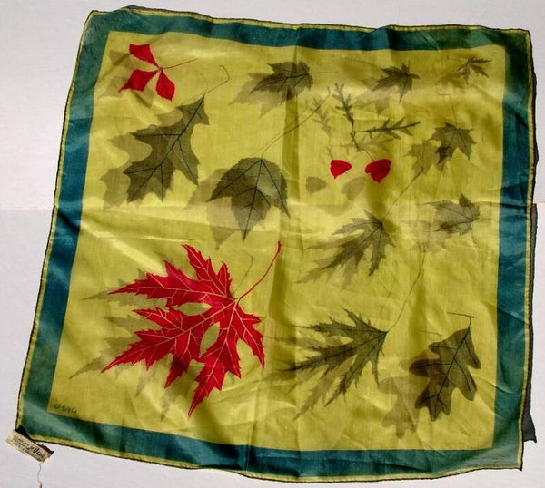 Vera Neumann Falling Leaves In Shades Of Green With Red Leaf And Acorns
