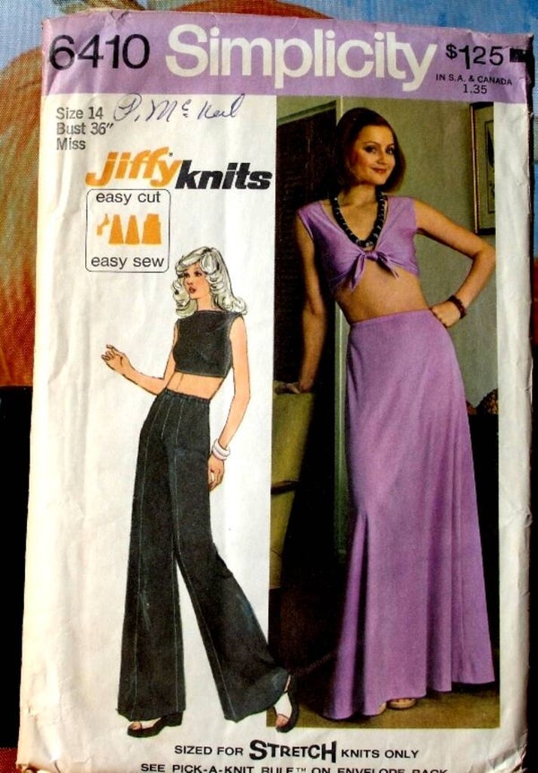 Simplicity 6410 Misses Jiffy Knit Midriff Top, Skirt And Wide-Leg Pants Size 14