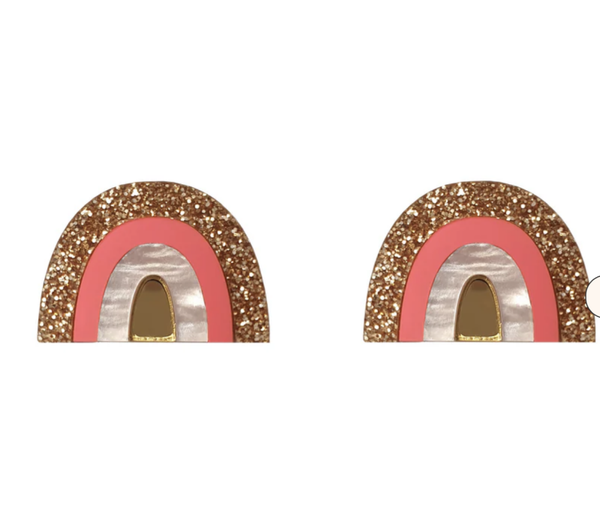 Clustdlysau Enfys | Rainbow Earrings - Pink, Pearl, Gold