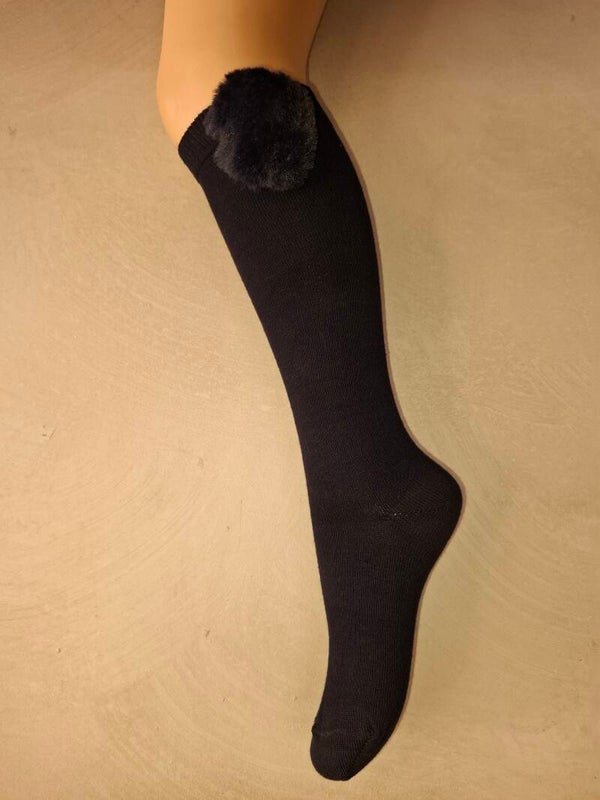 Kniekous met bont pompom donkerblauw