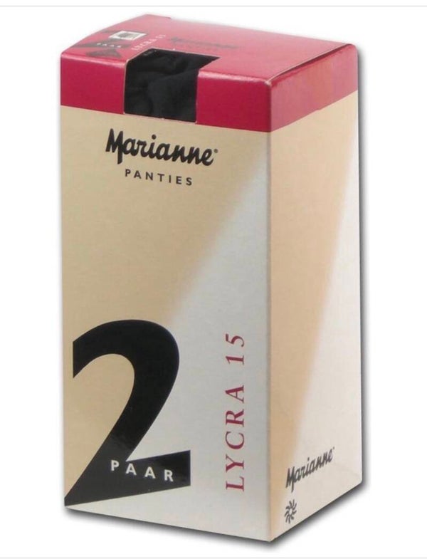 Voordelige Marianne glanspanty 425, per 2 verpakt 15 denier in de huidskleuren  Saskia Muskaat Lyon Whineblush en Zwart en Marine