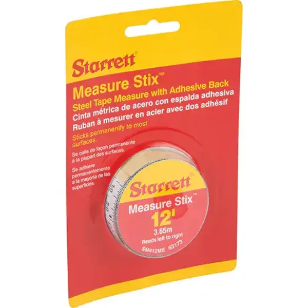 Startett SM412ME. Rubans à mesurer en acier avec endos adhésif Measure StixMC, 1/2" x 12'/4 m, Marques de goujon pi/po-mm Modèle : TBD724 No. de fab. : SM412ME