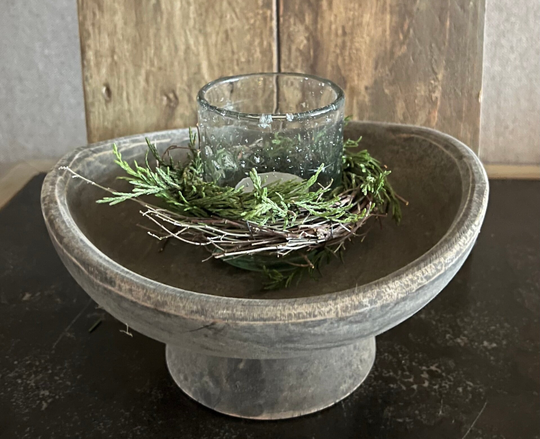 Oudhouten schaal op voet vintage grey