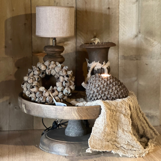 Oudhouten ronde schaal op voet old grey