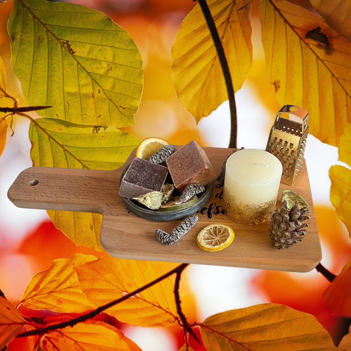 Giftset Serveerplank met gravure, rotan schaaltje, amberblokjes, kaarsje, raspje