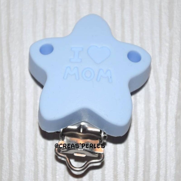 Clip silicone I love mom bleu clair