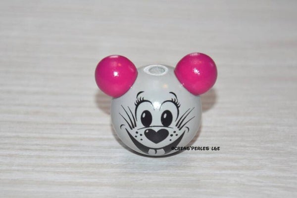 Perle souris 3D bois gris clair/fuchsia