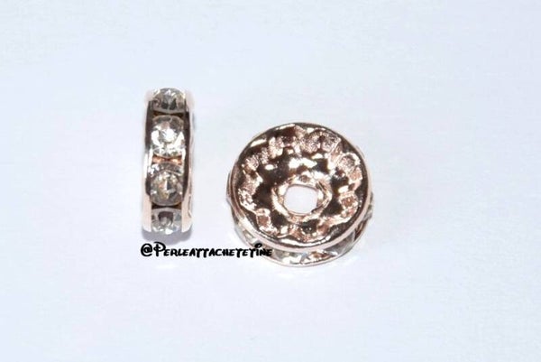 10 perles lentille strass blanc/gold 10mm