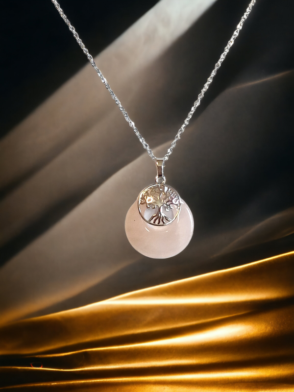 Collier en acier inoxydable + pendentif arbre de vie médaille quartz rose