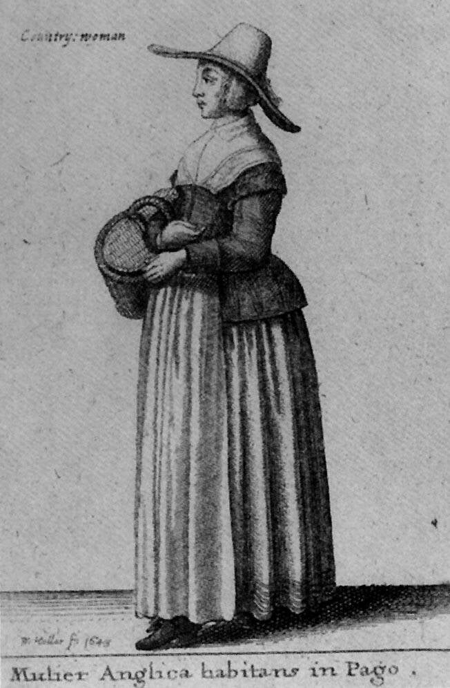 Engraving of an English Country Woman by Wenceslas Hollar 1643. Side view of a woman wearing apron, large hat and carrying a basket
