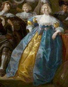 detail from  'Merry Company'  Anthonie Palamedesz 1630. Painting of seated woman wearing blue and gold satin gown, and white lace collar