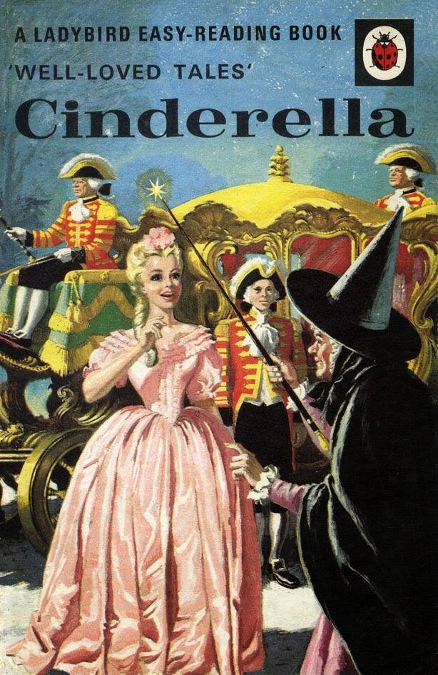 Book cover for Cinderella by Ladybird. Cover shows a painted image of a young woman with long blonde hair wearing a long pink satin gown. A golden coach with a coachmen and footman wearing red and gold livery is in the background. 