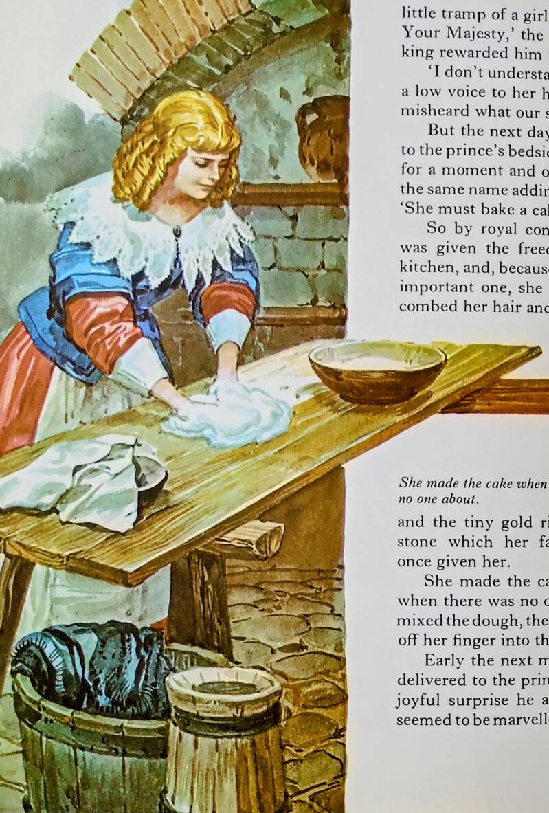 Painted illustration of a young woman wearing 17th Century dress making a cake. She has golden hair dressed in ringlets, and wears a red and blue dress, with wide white collar and cuffs