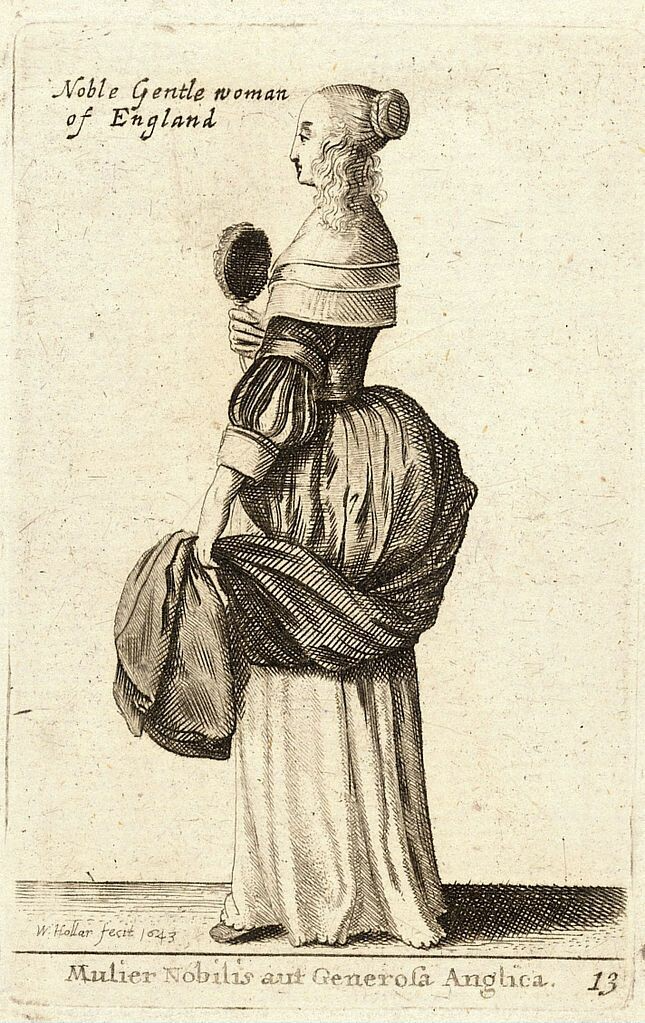 Engraving of an English noblewoman  by Wenceslas Hollar 1640s. Sideways view of a woman wearing a long gown and holding a feather fan.