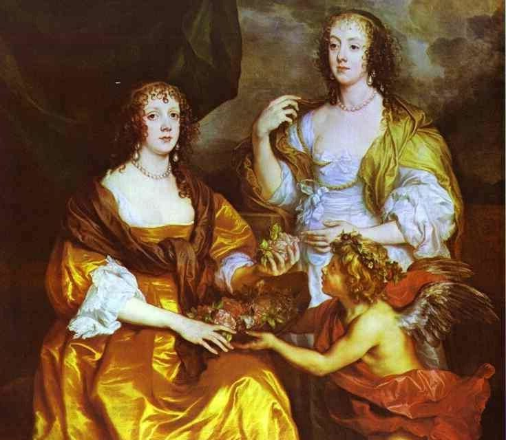 Lady Elizabeth Thimbelby and her sister  Anthony van Dyke c.1635. Painting of two women, one wearing a gold satin dress, the other dressed in white