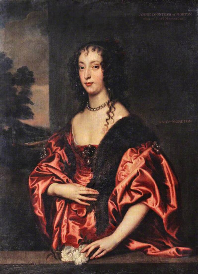 Thrre quarter length portrait of a young woman with dark shoulder length curly hair, wearing a rusty red satin dress with low square neckine, and large sleeves. She wears a brown fur stole over one shoulder. 
