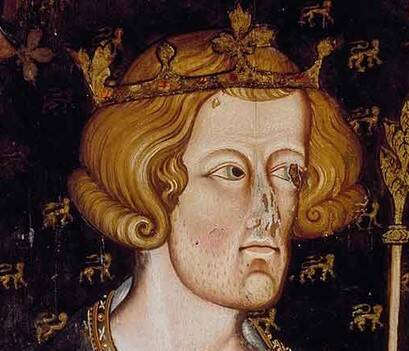Painting of a medieval king wearing his crown. He has blue eyes and jaw length blonde hair styled into a roll of outwards facing curls at the ends