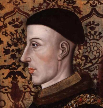 Painting of a medieval king. He is clean shaven and has black hair styled in a short 'bowl cut'