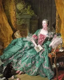 Portrait of a woman reclining, wearing a green 18th Century gown, trimmed with pink rosebuds
