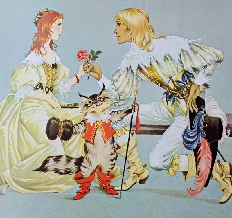 Painted illustration of a young 17th Century couple. She has long auburn hair and wears a pale green/gold satin gown. He wears a white satin suit trimmed with gold braid, and offers his lady a pink rose. A cat stands on his hind legs in front.