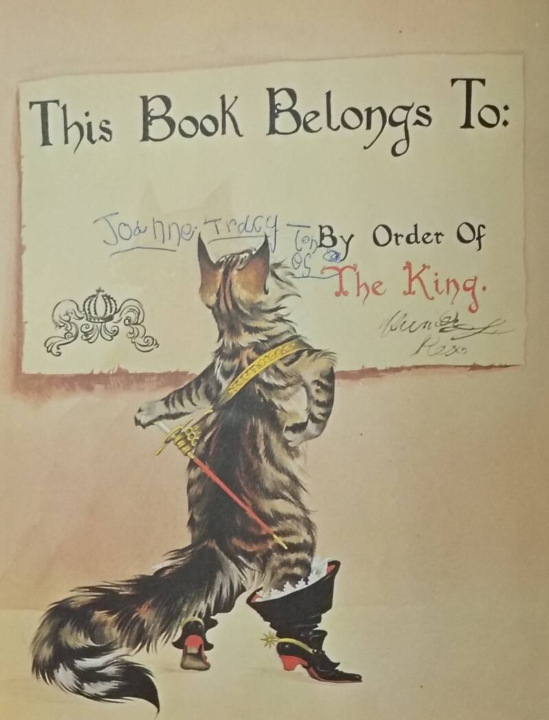 Painted illustration showing the title page from a book of fairytales. Printed text in an antique font says 'This book belongs to:' and underneath is a child's name written in an unsure hand. A cat in bucket top boots regards the message.