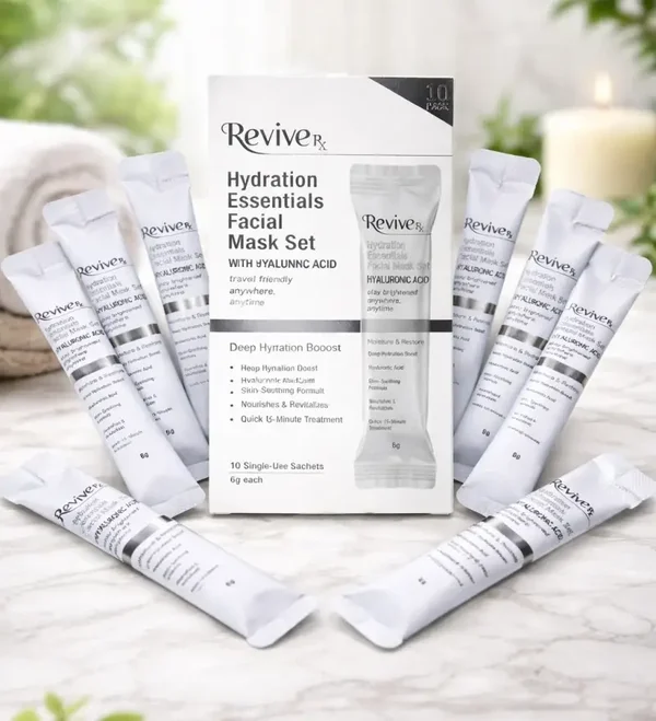 ReviveRx Hydration Essentials Facial Mask Set, un tratamiento de mascarillas faciales hidratantes formulado con ácido hialurónico