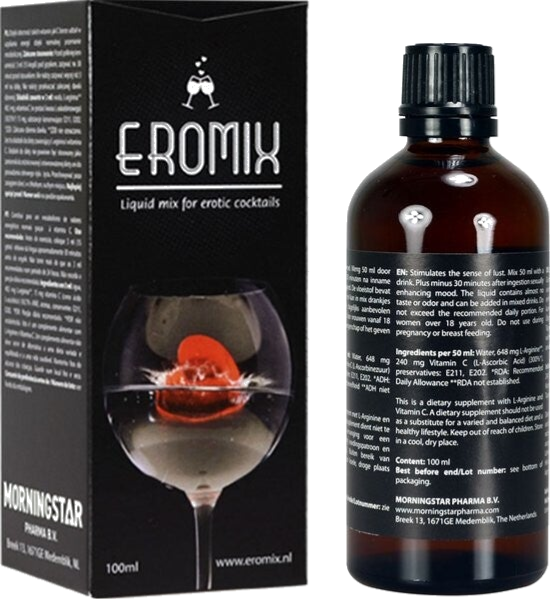Eromix is een lustopwekkend drankje voor zowel man als vrouw. Het verlangen wordt sterk gestimuleerd door dit bijzondere drankje. Ongeveer een half uur tot 3 kwartier na inname krijg je een sterke behoefte aan fysiek contact. Je zult je vrolijk voelen en 