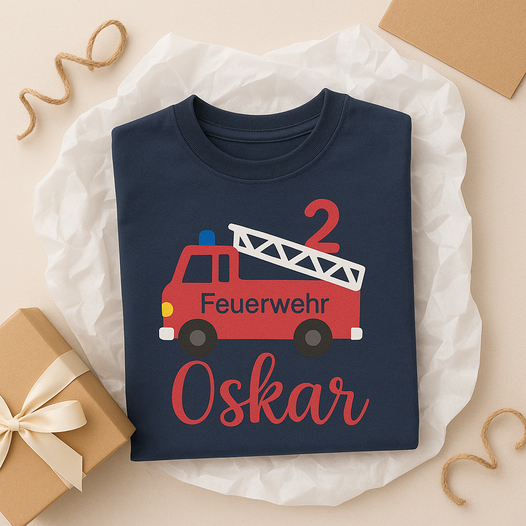Personalisiertes Feuerwehr Kinder Shirt mit Name & Zahl – Feuerwehrauto Geburtstagsshirt – Geburtstag – Geschenk Junge – Motto-Party