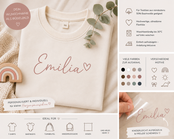 Personalisiertes Bügelbild Kindername | Wunschname zum Aufbügeln | Bügelbild für T-Shirt, Turnbeutel & Babybody