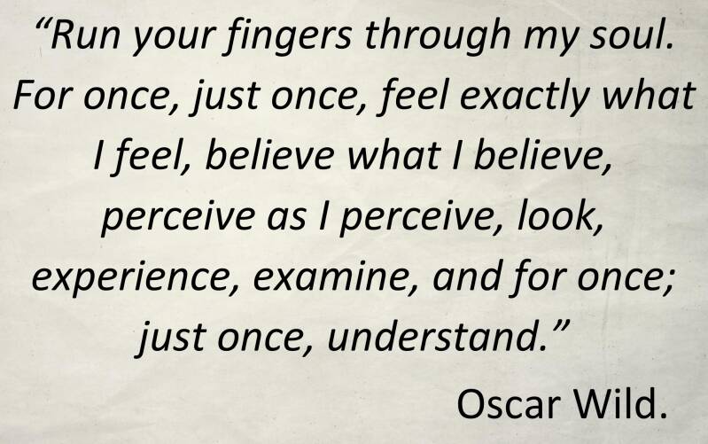 Image of quote from Oscar Wild. "Run your fingers through my soul. For once, just once, feel exactly what I feel, believe what I believe, perceive as I perceive, look, experience, examine, and for once; just once, understand."